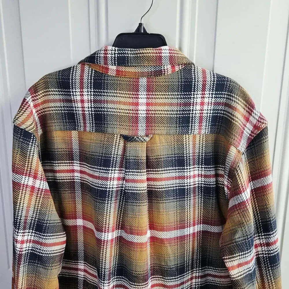 Orvis Flannel Sweater Button UP Brown Red Plaid Print Size Medium Button Pockets